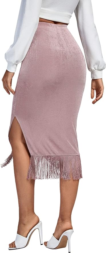 A stylish Wrap Split Tassel Hem High Waist Bodycon Pencil Midi Skirt featuring a chic design and flattering silhouette.