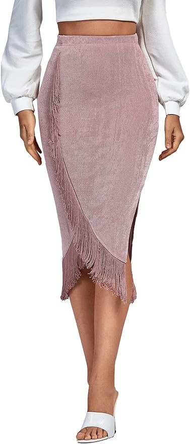 A stylish Wrap Split Tassel Hem High Waist Bodycon Pencil Midi Skirt featuring a chic design and flattering silhouette.