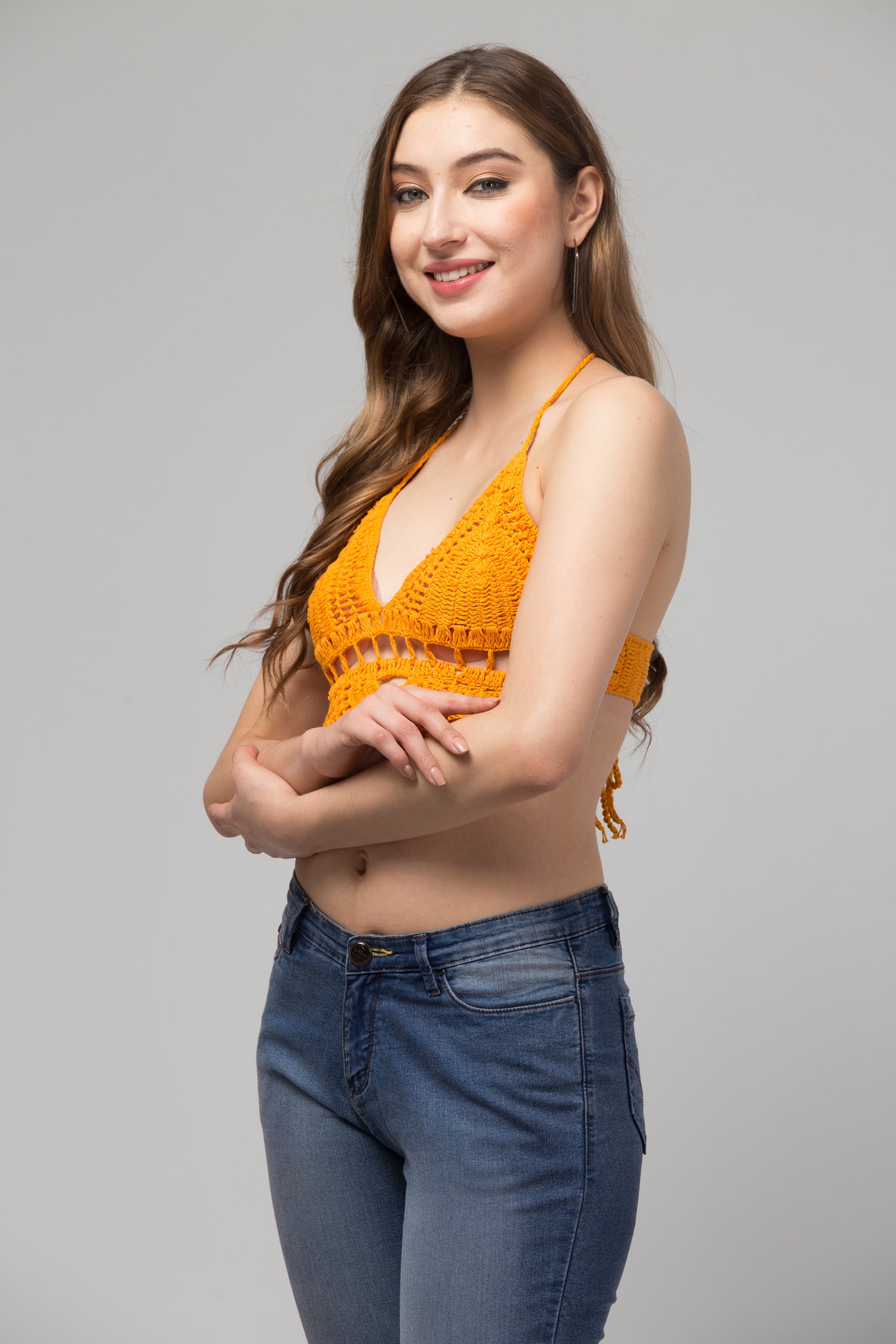 Zara Tie Crop Top Bralette in vibrant orange, handcrafted from organic fabric, perfect for summer styling.