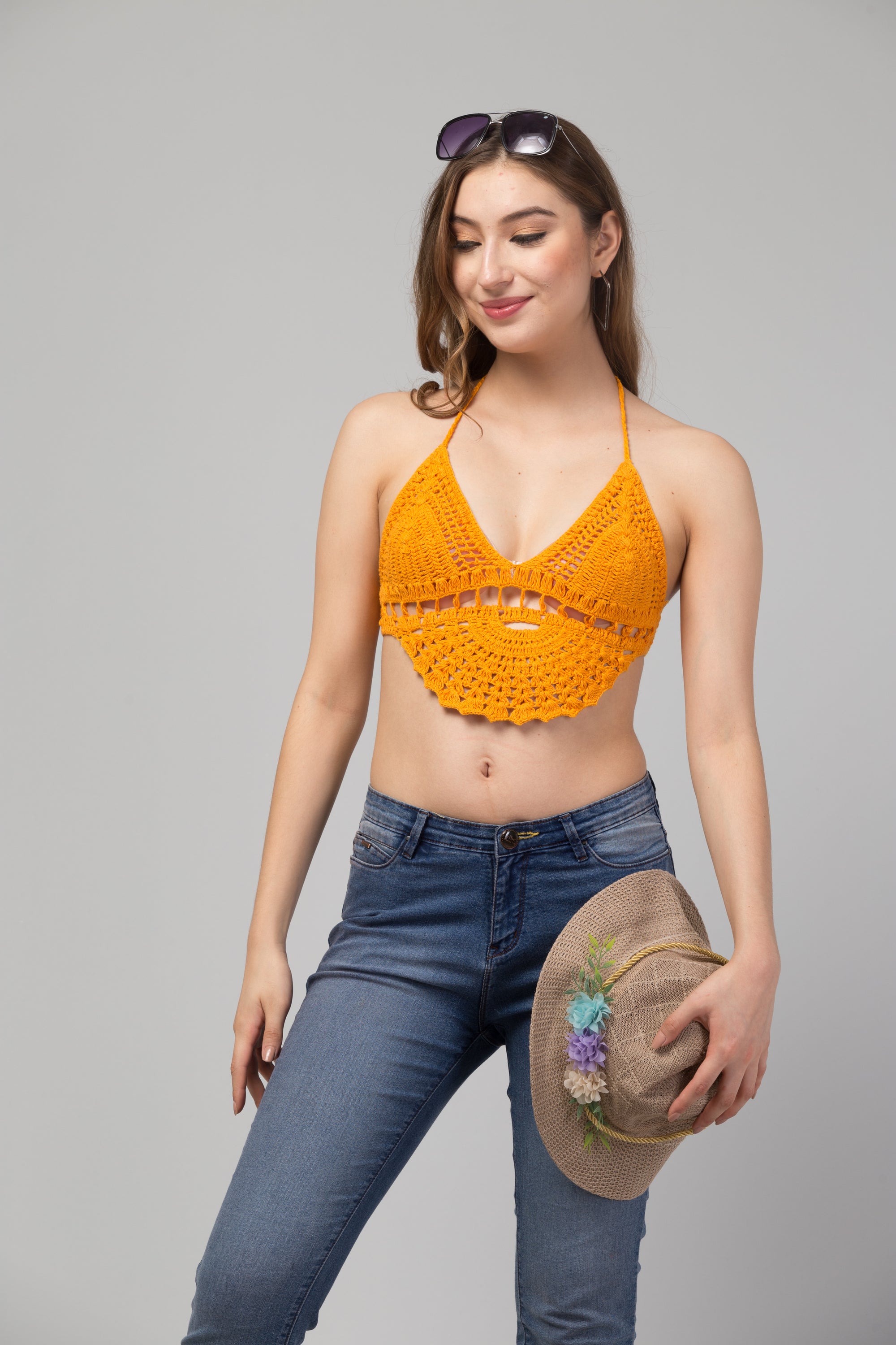 Zara Tie Crop Top Bralette in vibrant orange, handcrafted from organic fabric, perfect for summer styling.