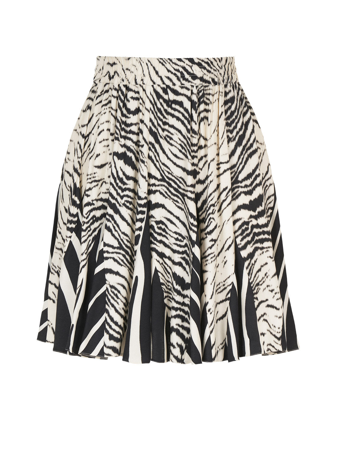 A stylish high-waisted mini skirt featuring a bold zebra print design in black, white, and purple, perfect for urban fashion.