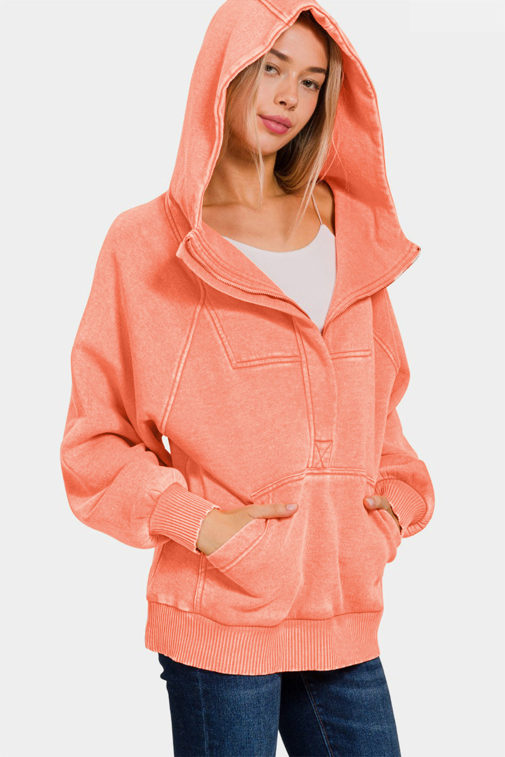 Zenana Acid Wash Fleece Kangaroo Hoodie featuring a trendy acid wash design, cozy hood, and practical kangaroo pocket.