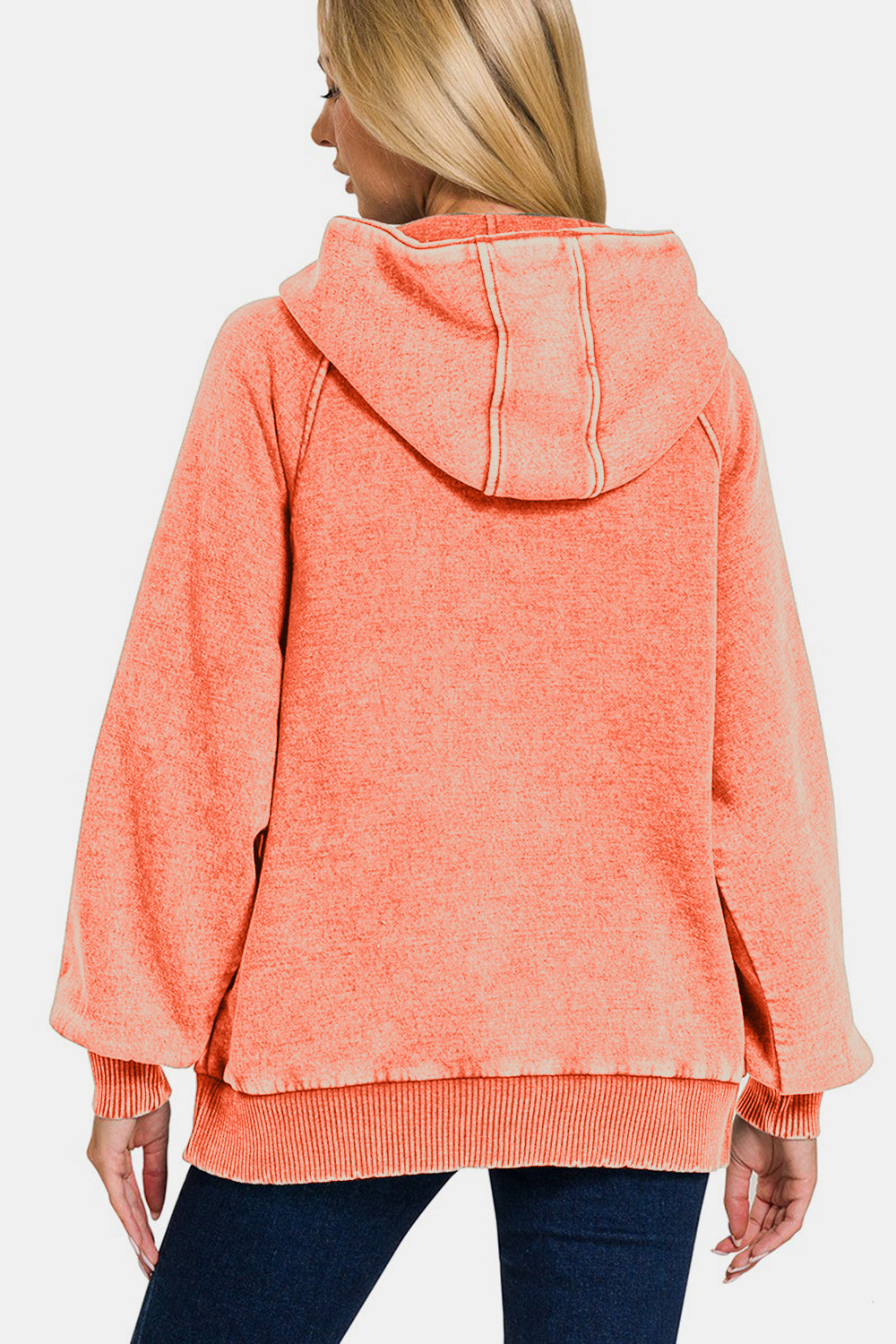 Zenana Acid Wash Fleece Kangaroo Hoodie featuring a trendy acid wash design, cozy hood, and practical kangaroo pocket.