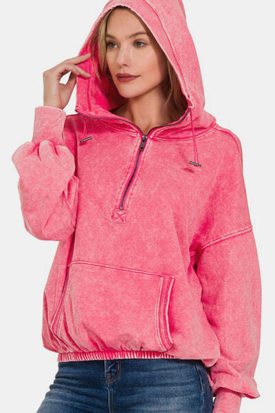 Zenana Drawstring Half Zip Dropped Shoulder Hoodie in soft cotton fabric, featuring a modern half zip design and adjustable drawstring hood.