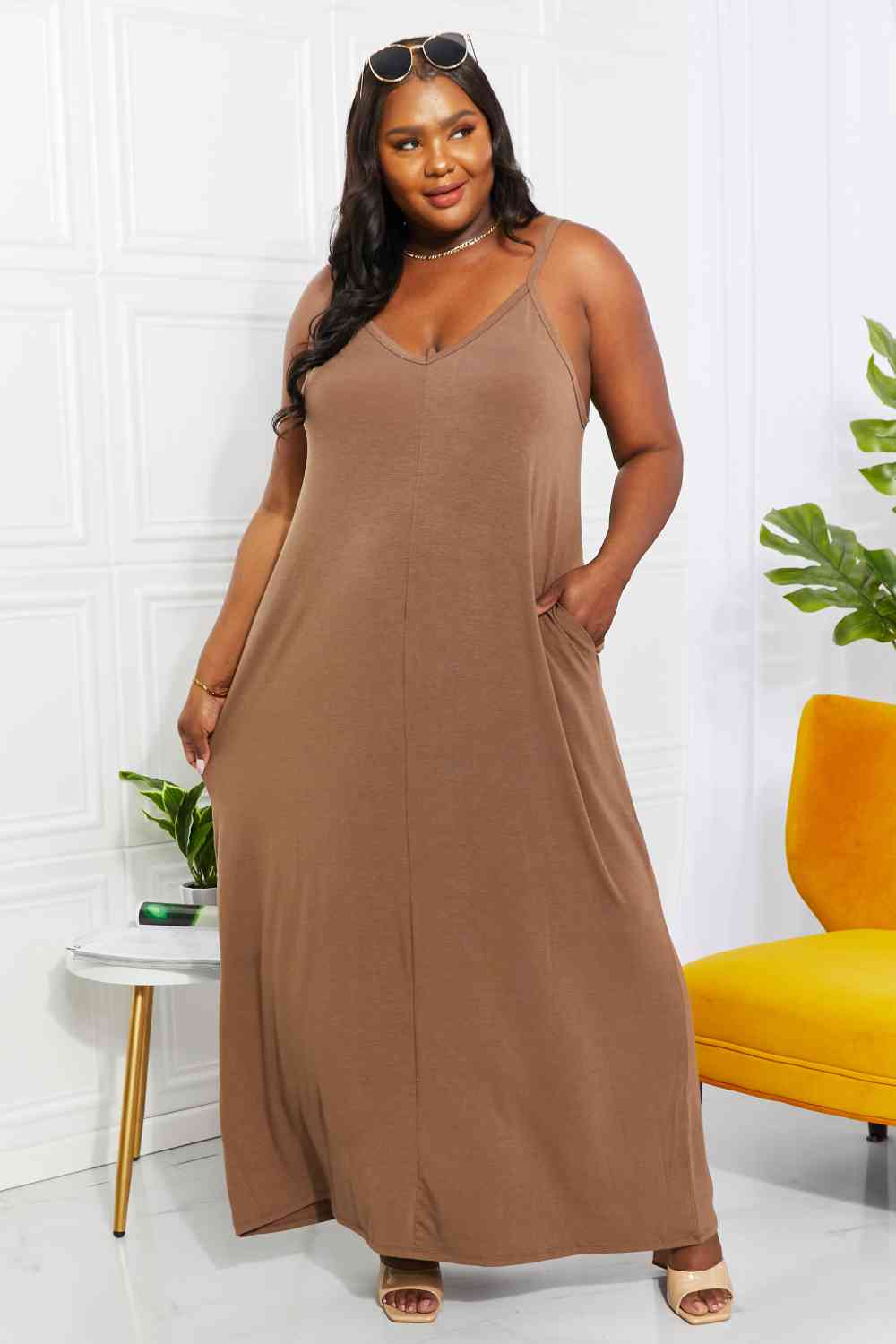 Zenana Full Size Beach Vibes Cami Maxi Dress in Mocha, showcasing adjustable straps and side pockets, perfect for summer outings.