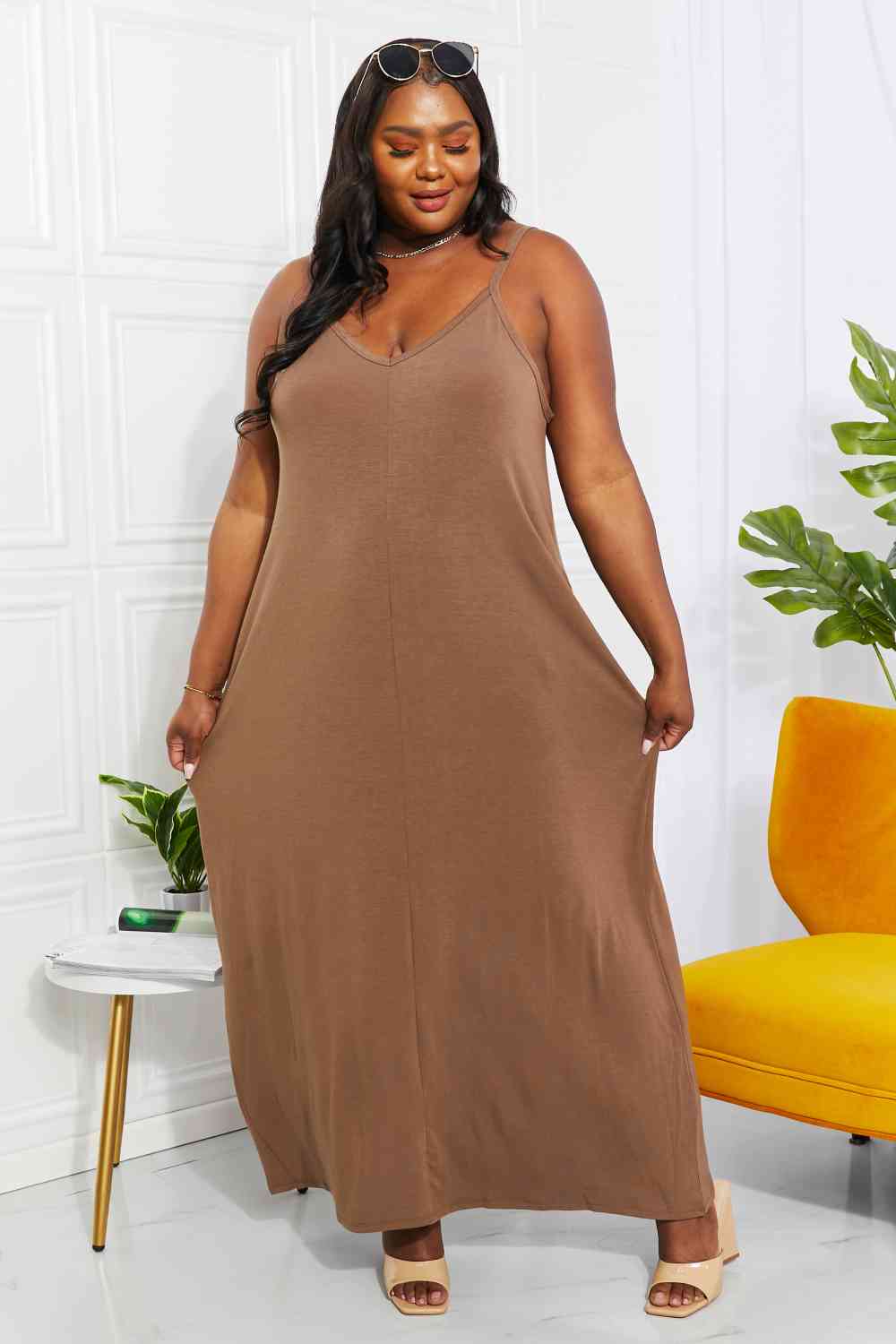 Zenana Full Size Beach Vibes Cami Maxi Dress in Mocha, showcasing adjustable straps and side pockets, perfect for summer outings.