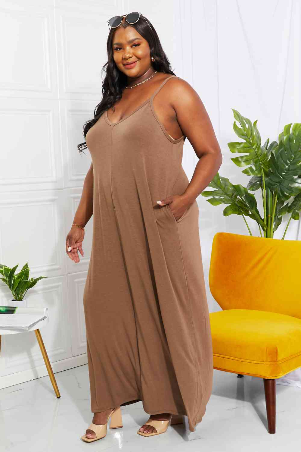 Zenana Full Size Beach Vibes Cami Maxi Dress in Mocha, showcasing adjustable straps and side pockets, perfect for summer outings.