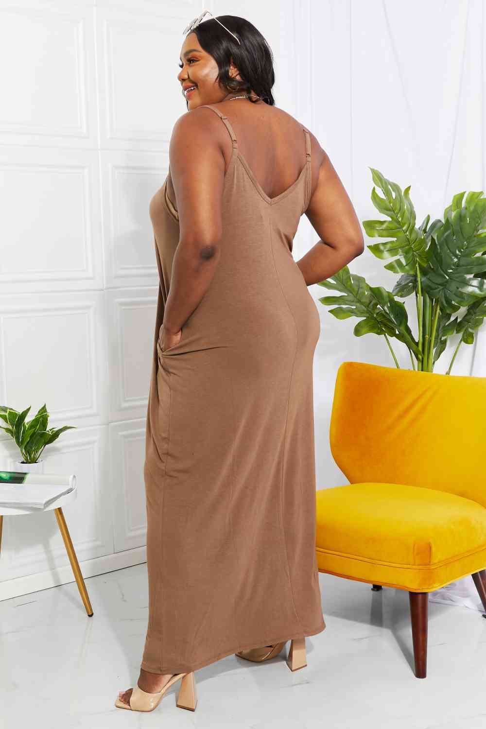 Zenana Full Size Beach Vibes Cami Maxi Dress in Mocha, showcasing adjustable straps and side pockets, perfect for summer outings.