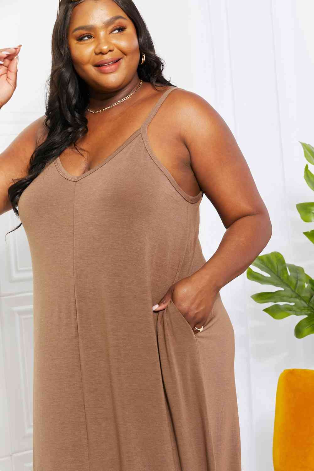 Zenana Full Size Beach Vibes Cami Maxi Dress in Mocha, showcasing adjustable straps and side pockets, perfect for summer outings.