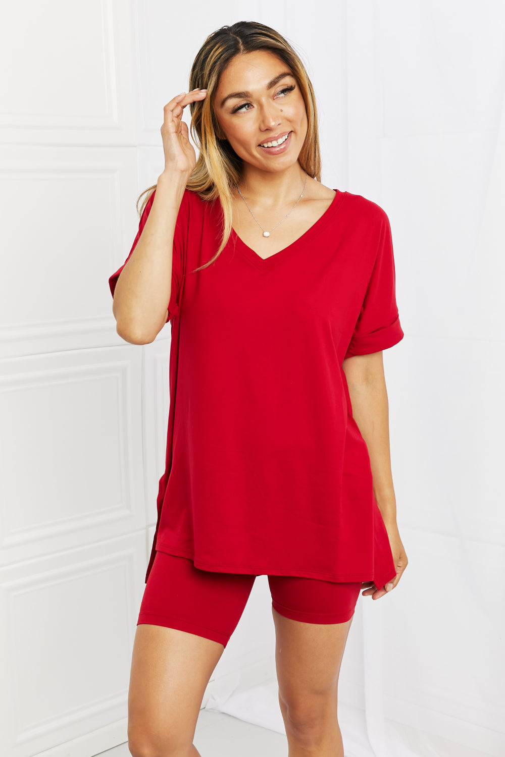 Zenana Full Size Quiet Moments Lounge Set in Burgundy featuring a soft brushed top and high-rise biker shorts, perfect for casual wear.