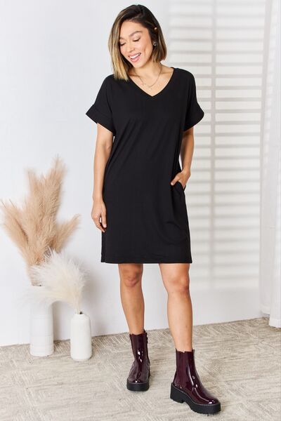 Zenana Full Size Rolled Short Sleeve V-Neck Dress in a stylish design, featuring a V-neckline and rolled short sleeves, perfect for casual or dressy occasions.