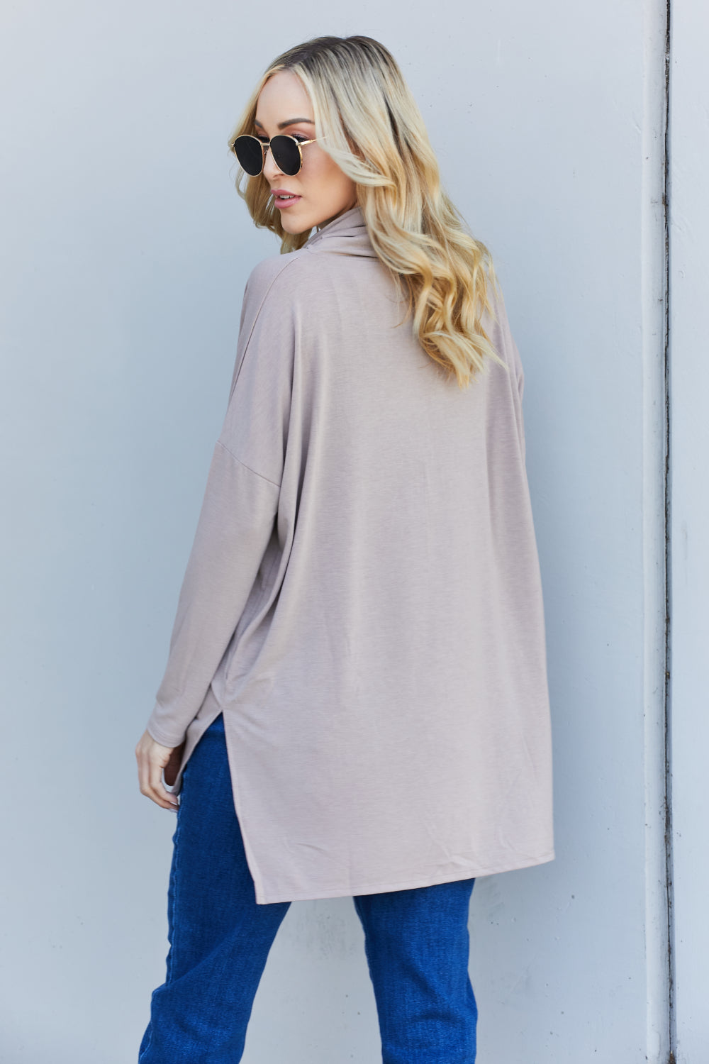 Zenana Full Size Slit High-Low Funnel Neck Top in Ash Mocha, featuring a trendy high-low design and cozy funnel neck.