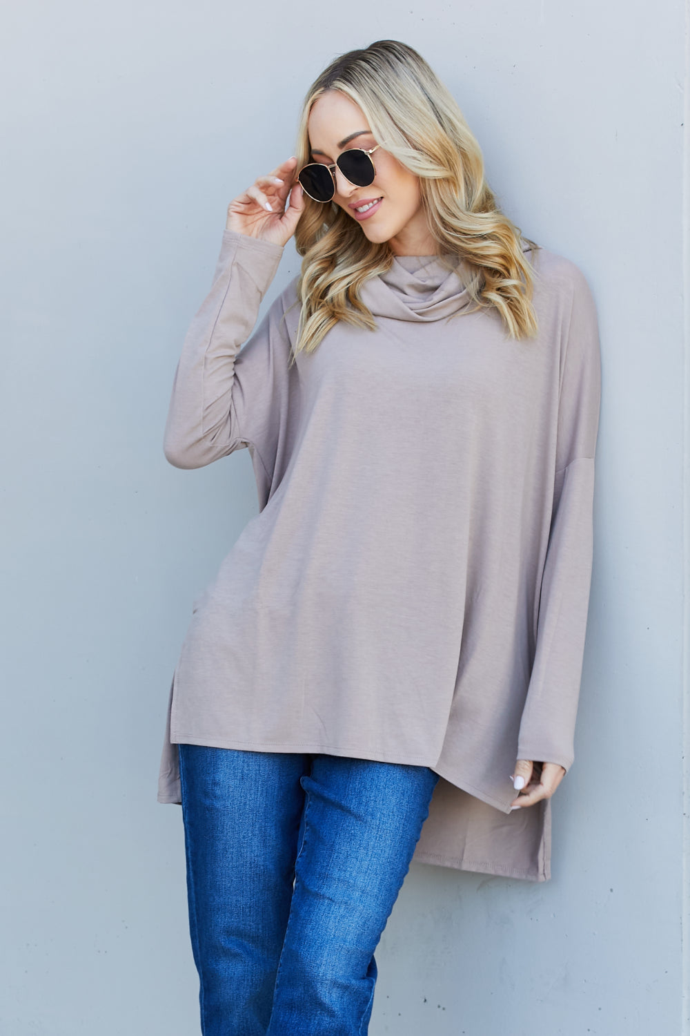 Zenana Full Size Slit High-Low Funnel Neck Top in Ash Mocha, featuring a trendy high-low design and cozy funnel neck.