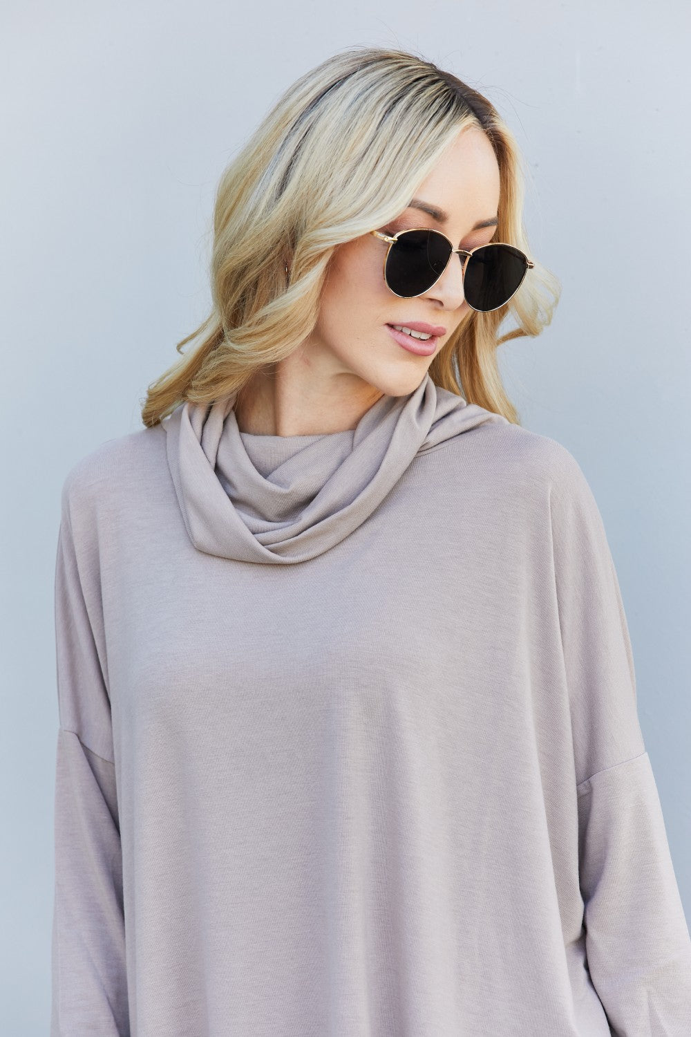 Zenana Full Size Slit High-Low Funnel Neck Top in Ash Mocha, featuring a trendy high-low design and cozy funnel neck.