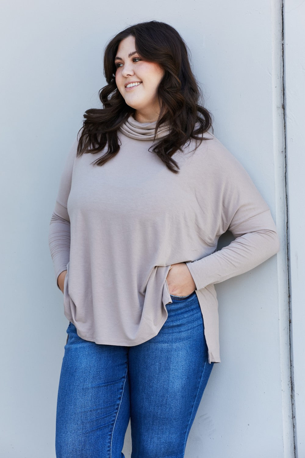 Zenana Full Size Slit High-Low Funnel Neck Top in Ash Mocha, featuring a trendy high-low design and cozy funnel neck.