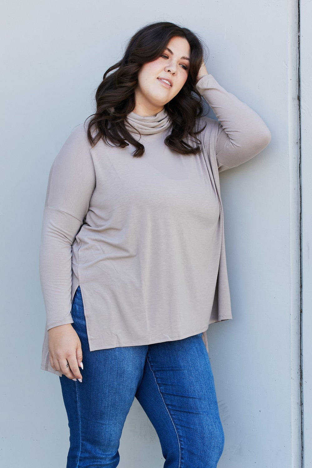 Zenana Full Size Slit High-Low Funnel Neck Top in Ash Mocha, featuring a trendy high-low design and cozy funnel neck.