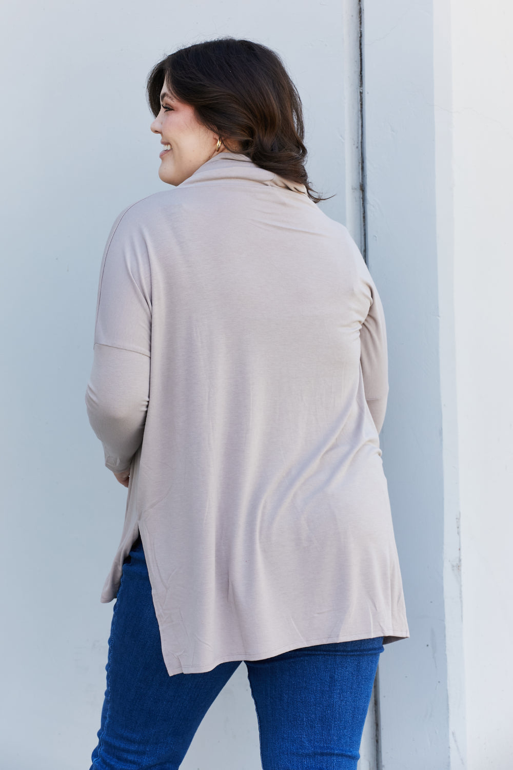 Zenana Full Size Slit High-Low Funnel Neck Top in Ash Mocha, featuring a trendy high-low design and cozy funnel neck.