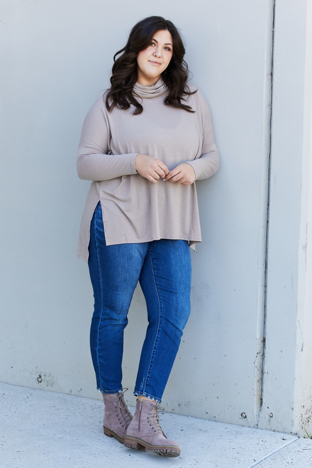 Zenana Full Size Slit High-Low Funnel Neck Top in Ash Mocha, featuring a trendy high-low design and cozy funnel neck.