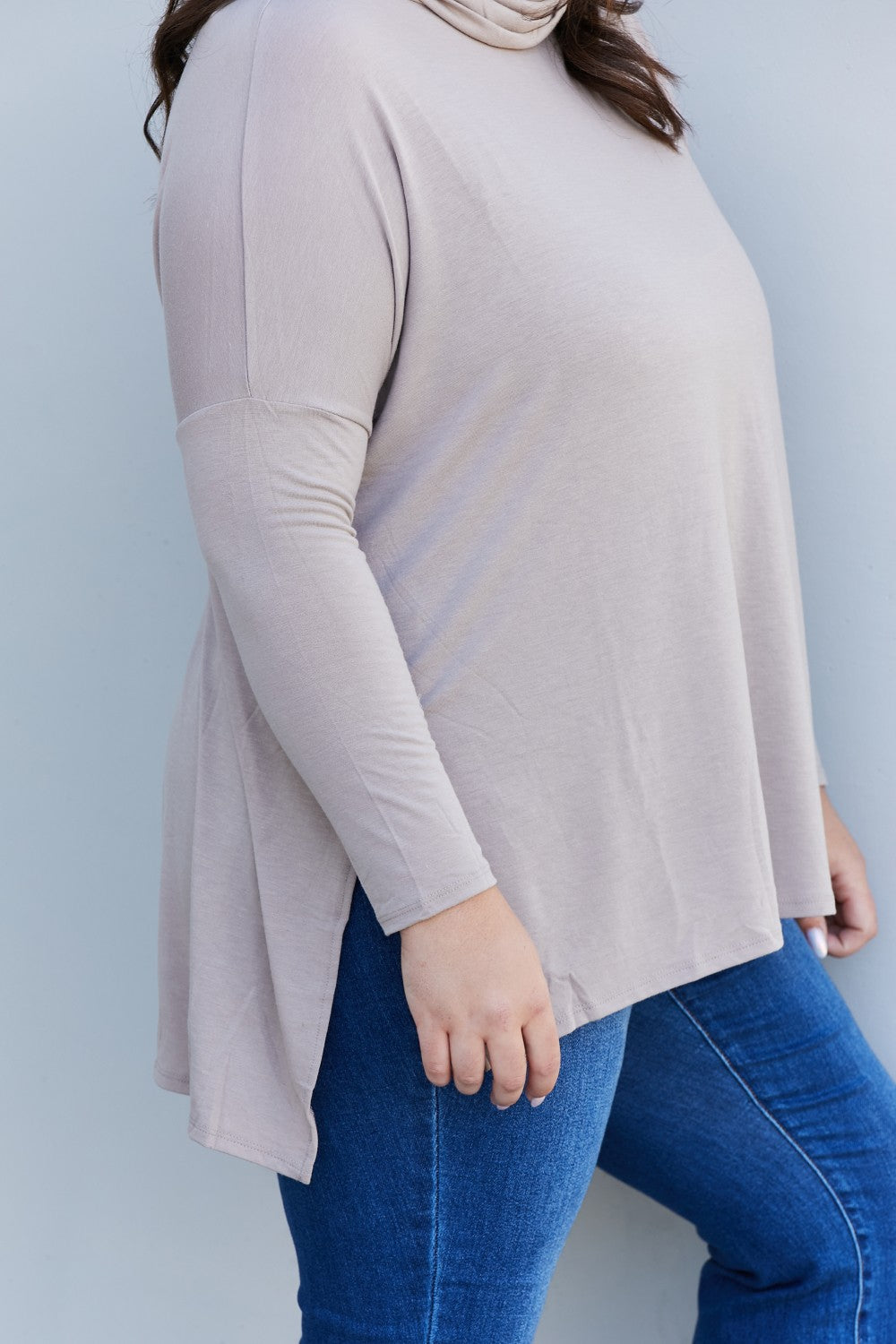 Zenana Full Size Slit High-Low Funnel Neck Top in Ash Mocha, featuring a trendy high-low design and cozy funnel neck.