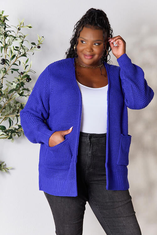 Zenana Full Size Waffle-Knit Open Front Cardigan in a cozy, relaxed fit, showcasing its waffle-knit texture and open front design.