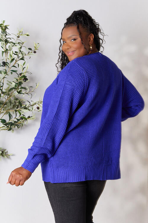 Zenana Full Size Waffle-Knit Open Front Cardigan in a cozy, relaxed fit, showcasing its waffle-knit texture and open front design.