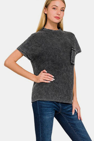 Zenana Pocketed Mock Neck Short Sleeve Sweater in a stylish design with pockets, perfect for transitional seasons.