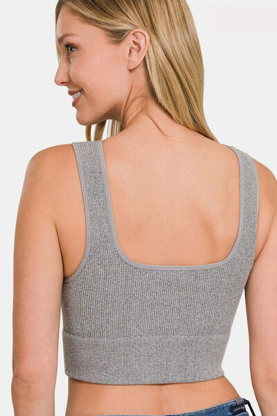 Zenana Ribbed Square Neck Cropped Tank in stylish ribbed fabric, featuring a modern square neckline and cropped length, perfect for summer outfits.