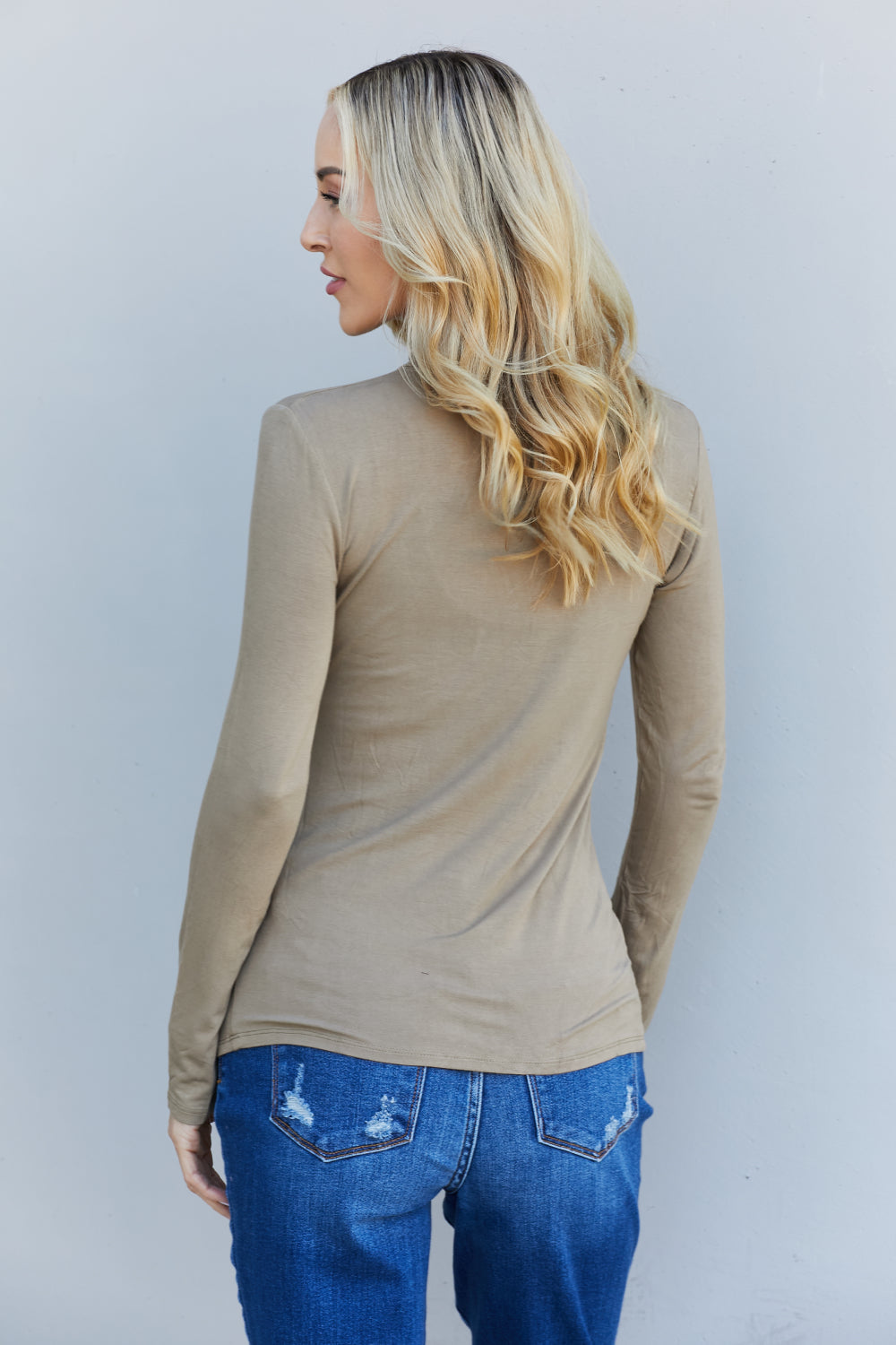 Zenana Turtleneck Long Sleeve Top in Khaki, featuring a funnel neckline and long sleeves, perfect for layering and casual wear.