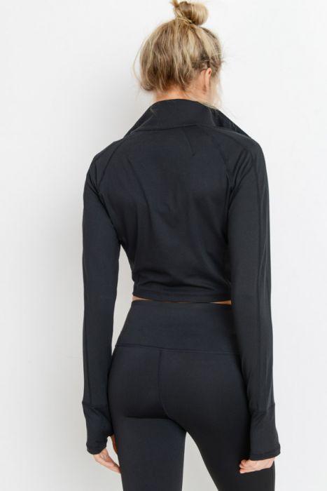 A stylish zip-up crop active jacket in solid color with thumbholes, perfect for workouts and casual wear.