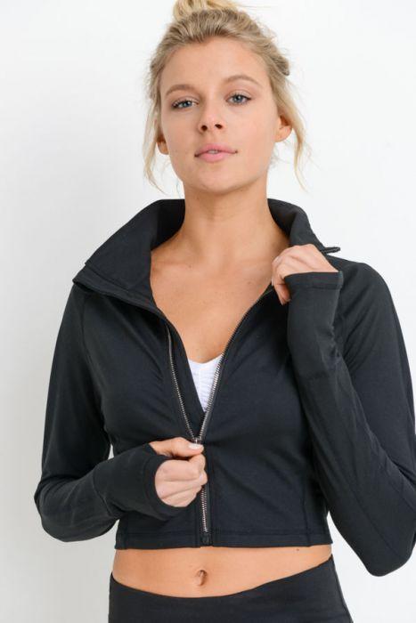 A stylish zip-up crop active jacket in solid color with thumbholes, perfect for workouts and casual wear.