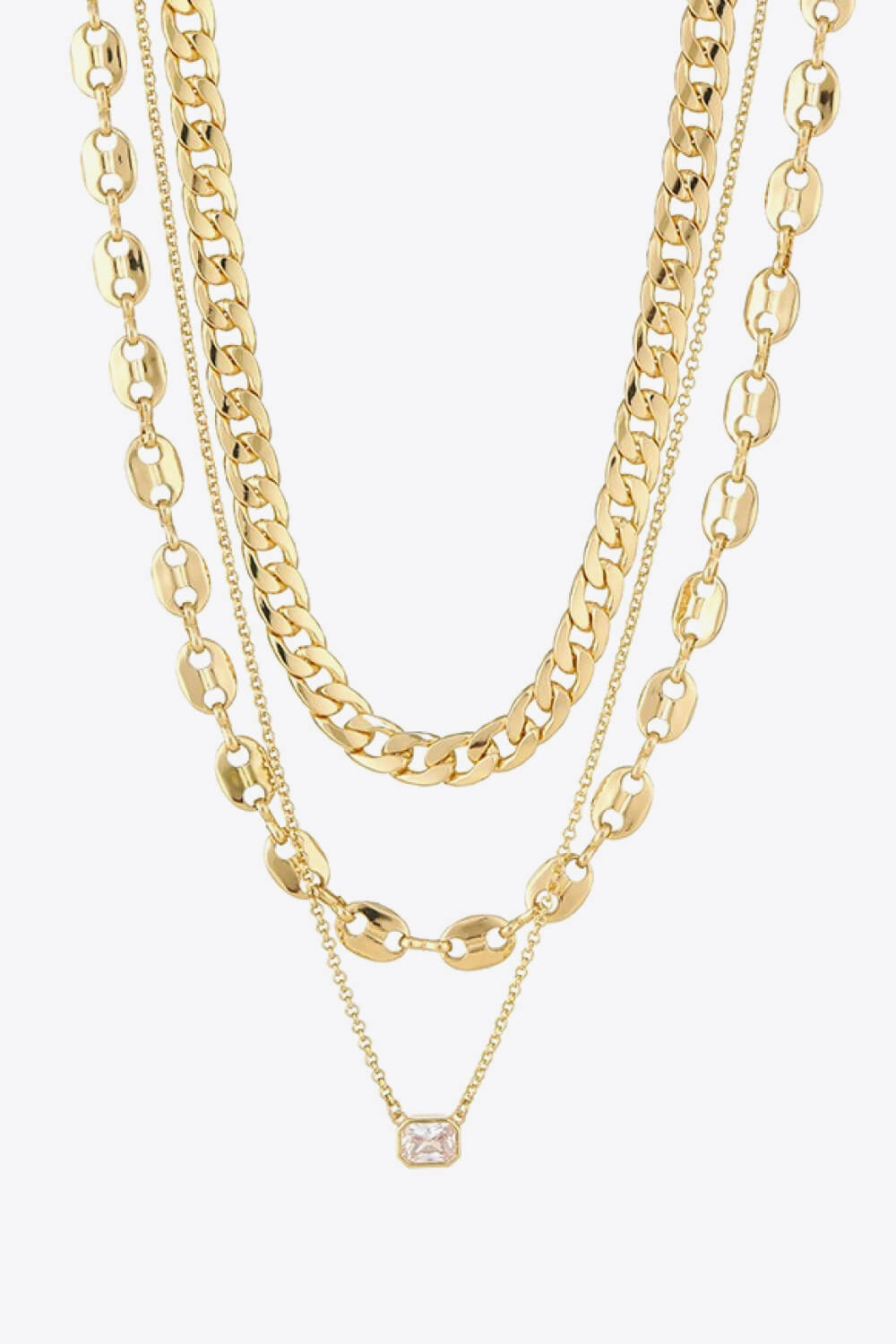 Zircon Copper Necklace Three-Piece Set featuring minimalist design with polished zircon and copper materials, displayed elegantly.