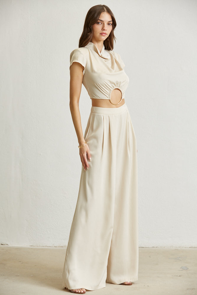 The Zoey Satin Fabric Set featuring a chic top with cowl neckline and high waist wide leg pants in luxurious matte satin fabric.