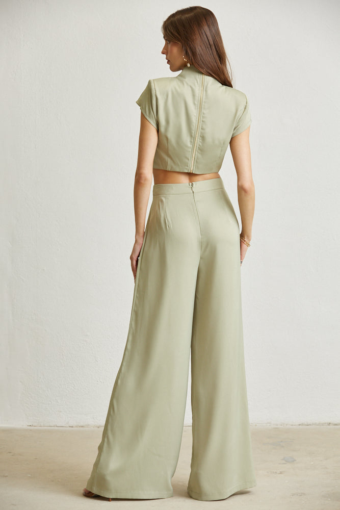 The Zoey Satin Fabric Set featuring a chic top with cowl neckline and high waist wide leg pants in luxurious matte satin fabric.