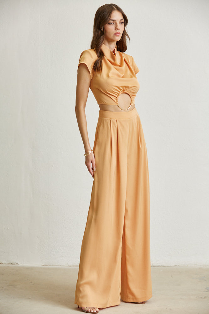 The Zoey Satin Fabric Set featuring a chic top with cowl neckline and high waist wide leg pants in luxurious matte satin fabric.
