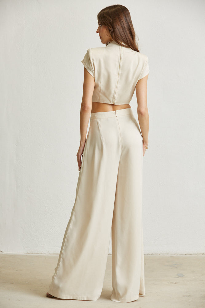 The Zoey Satin Fabric Set featuring a chic top with cowl neckline and high waist wide leg pants in luxurious matte satin fabric.