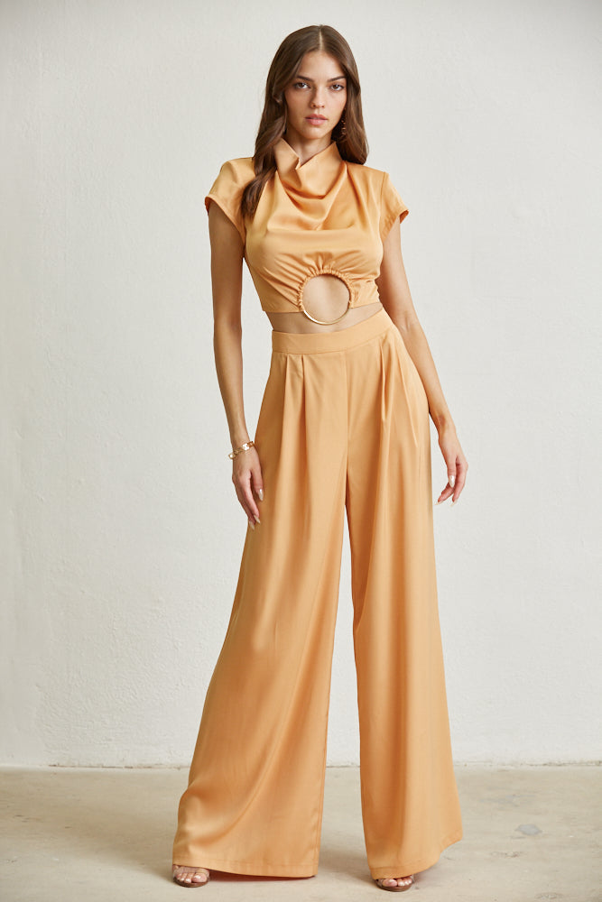 The Zoey Satin Fabric Set featuring a chic top with cowl neckline and high waist wide leg pants in luxurious matte satin fabric.