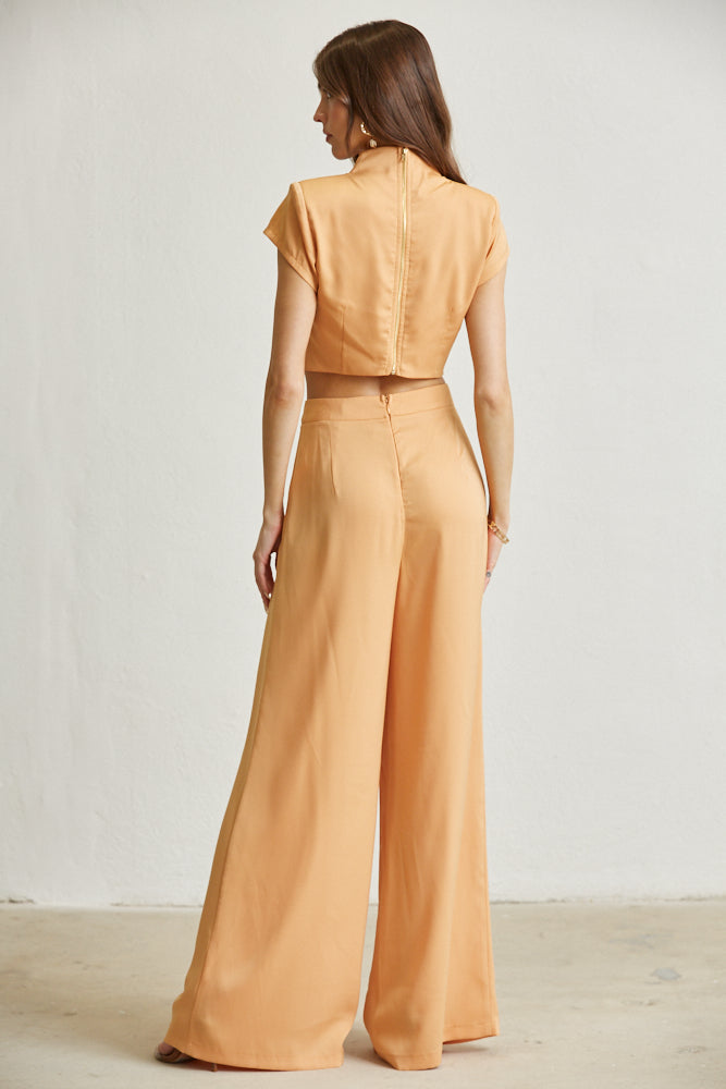 The Zoey Satin Fabric Set featuring a chic top with cowl neckline and high waist wide leg pants in luxurious matte satin fabric.