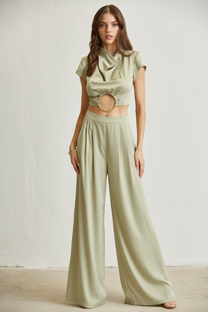 The Zoey Satin Fabric Set featuring a chic top with cowl neckline and high waist wide leg pants in luxurious matte satin fabric.